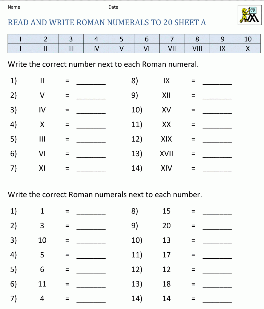 Printable Roman Numerals Worksheet for Kids For Roman Numerals Worksheet Pdf