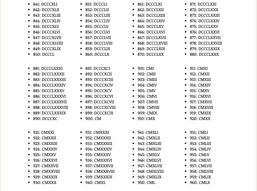 Free Printable Roman Numerals 1 To 1000 Chart