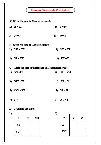 Roman Numeral Worksheet Grade 3